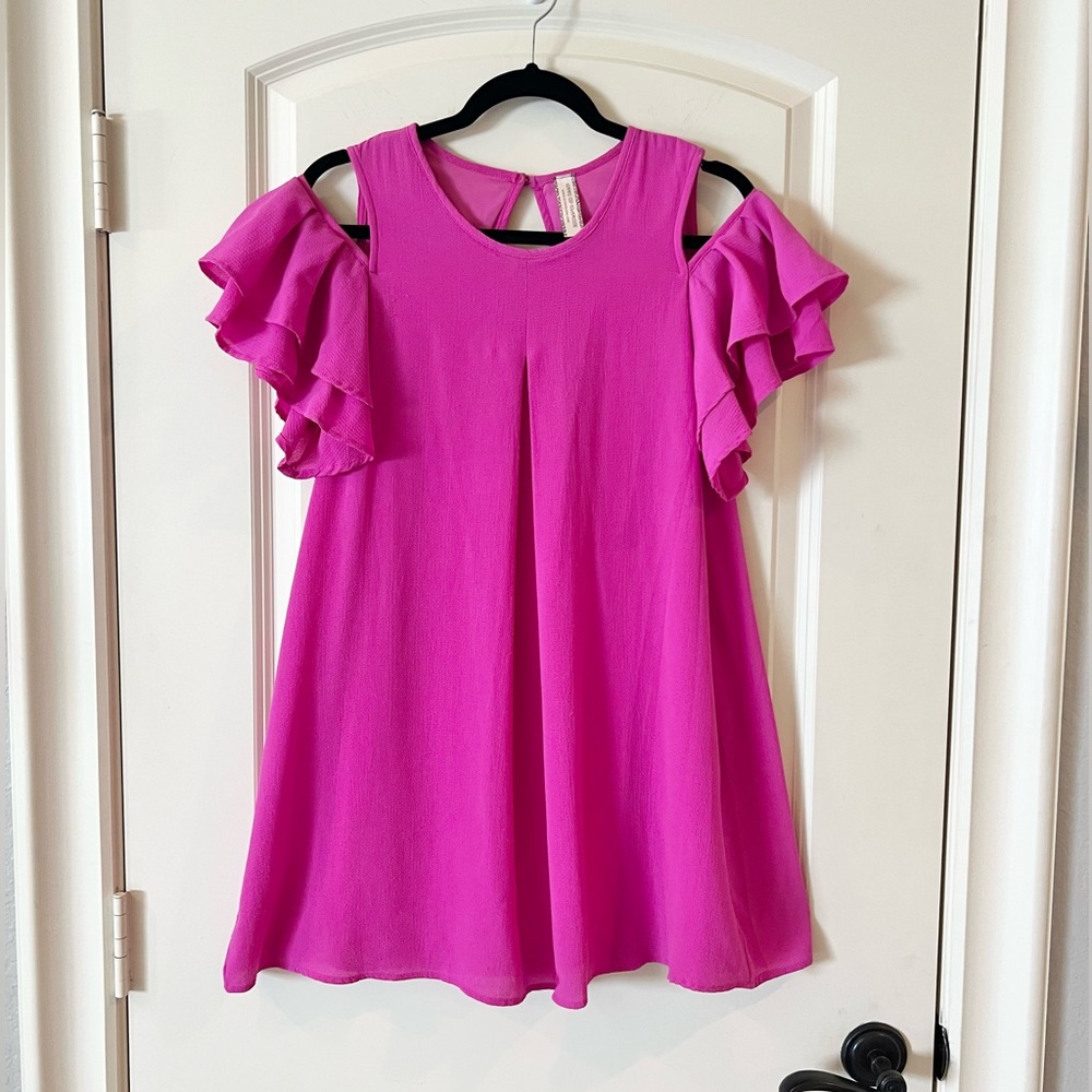 Giddy Up Glamour Hot Pink Babydoll Dress S Cold Shoulder Double Ruffle Mini Boho